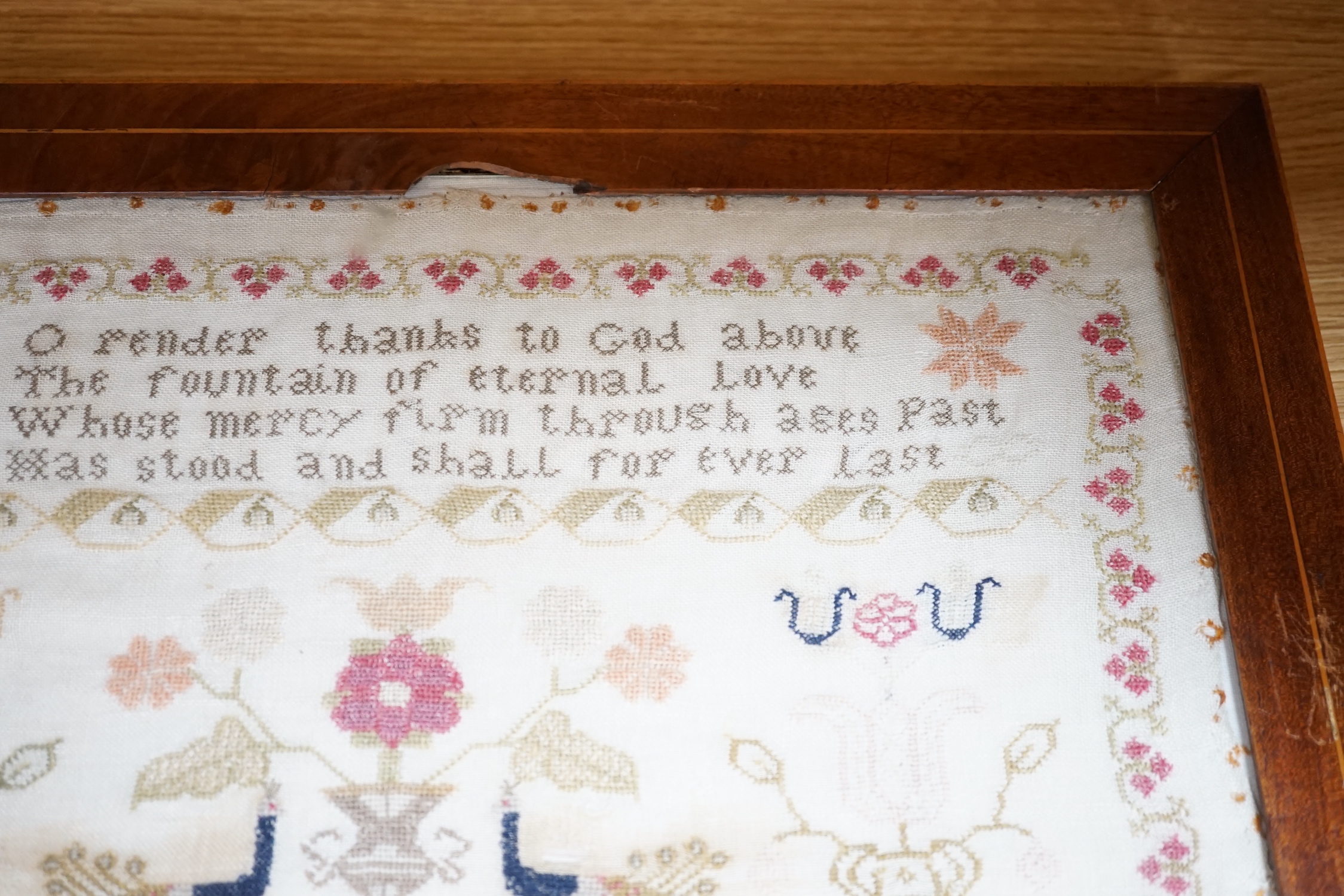 A framed late 19th century sampler, 40x41cm